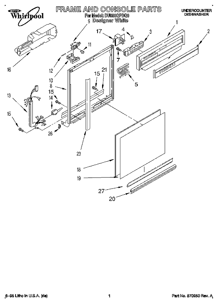 FRAME AND CONSOLE Diagram and Parts List for DU980QPDQ0  Whirlpool Dishwasher