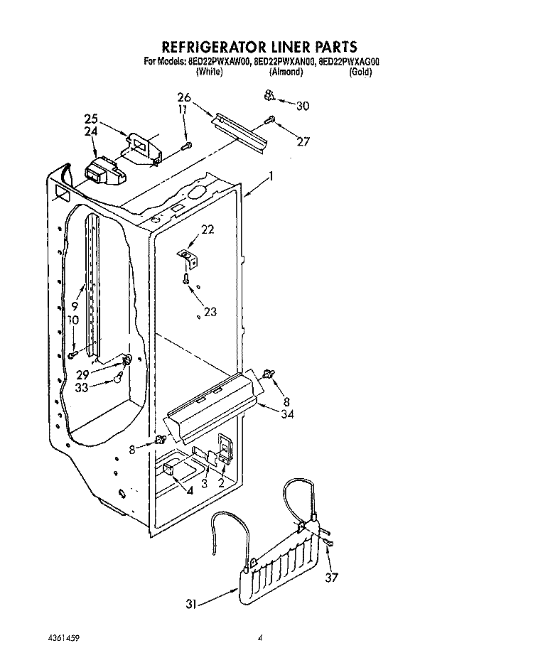 REFRIGERATOR LINER Diagram and Parts List for 8ED22PWXAW00  Whirlpool Refrigerator