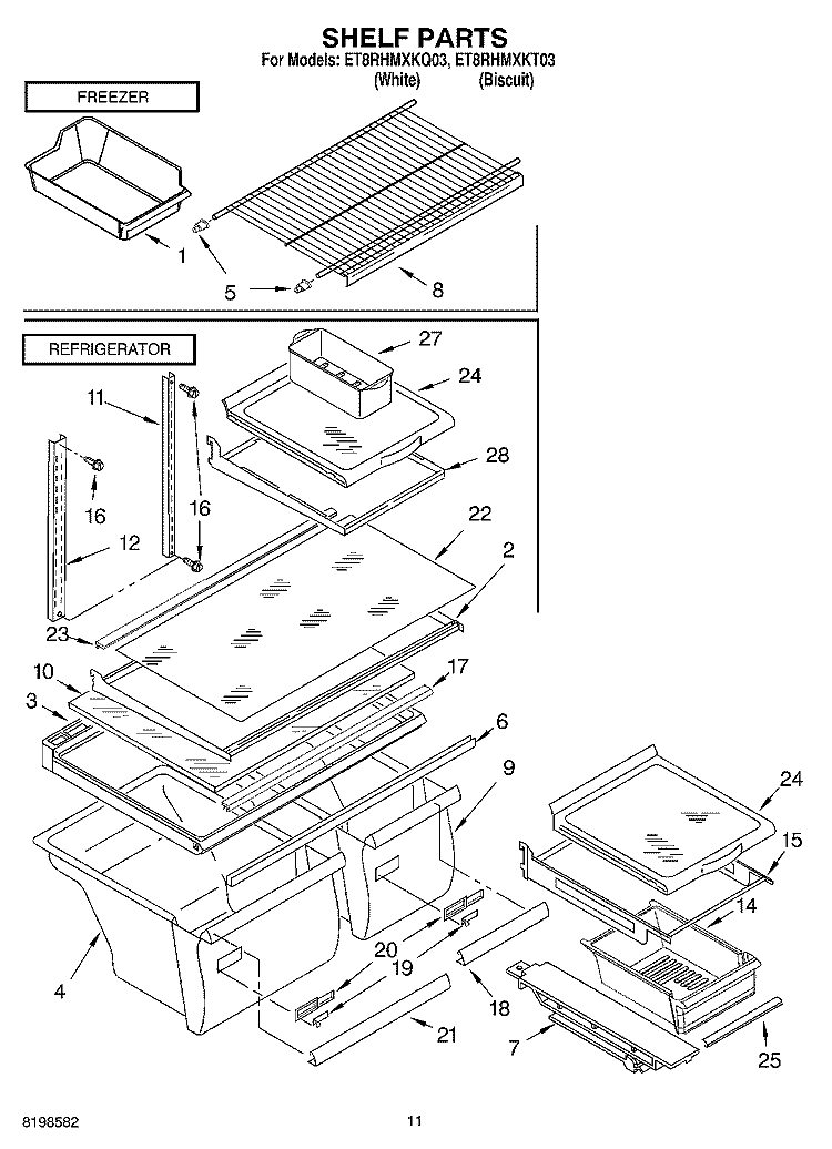 SHELF PARTS, OPTIONAL PARTS Diagram and Parts List for ET8RHMXKT03  Whirlpool Refrigerator