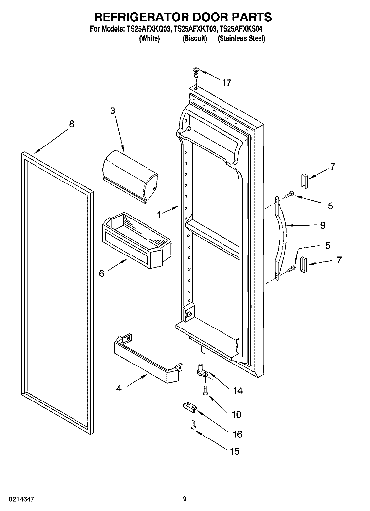 REFRIGERATOR DOOR PARTS Diagram and Parts List for TS25AFXKQ03  Estate Refrigerator