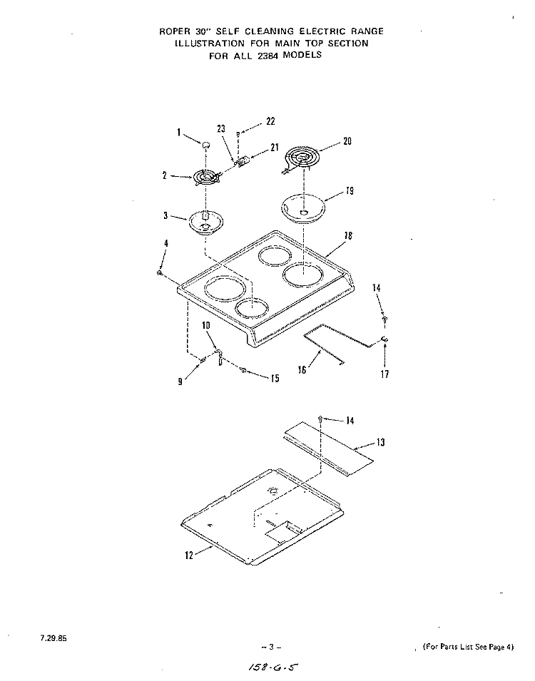MAIN TOP Diagram and Parts List for 2384W1A  Roper Range