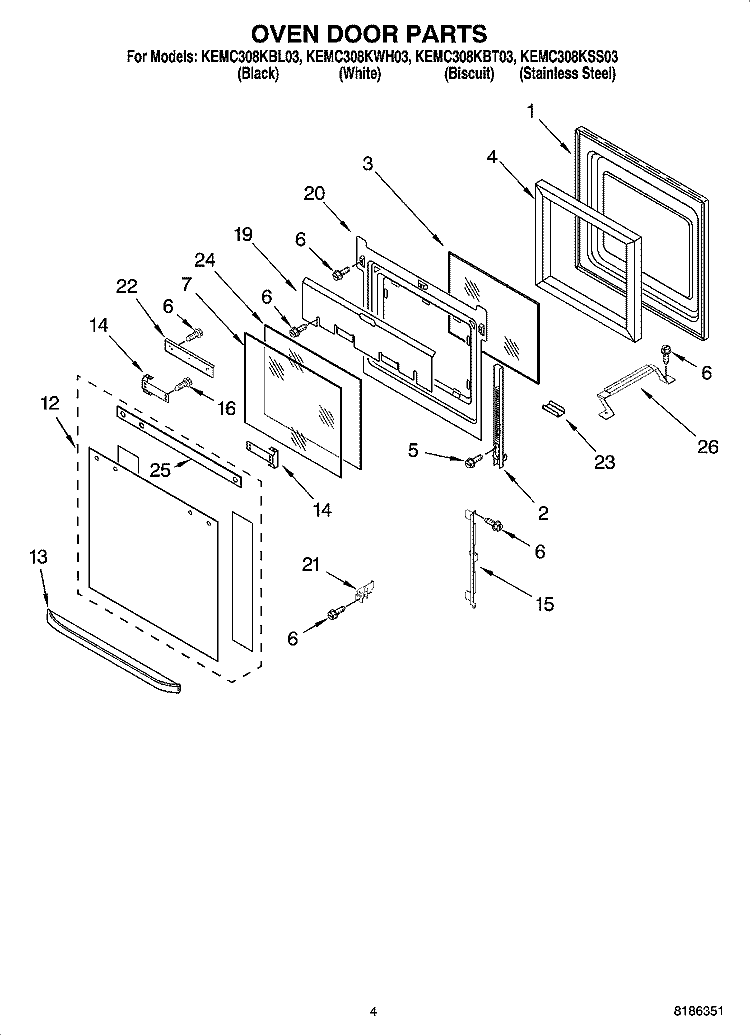OVEN DOOR PARTS Diagram and Parts List for KEMC308KSS03  KitchenAid Microwave Oven Combo