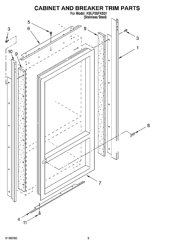 CABINET BREAKER AND TRIM Diagram and Parts List for KLBP36FKS01  KitchenAid Refrigerator