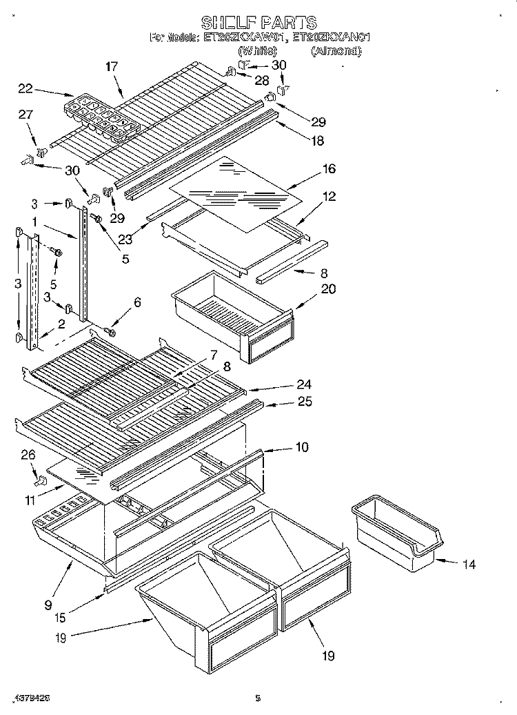 SHELF Diagram and Parts List for ET20ZKXAW01  Whirlpool Refrigerator
