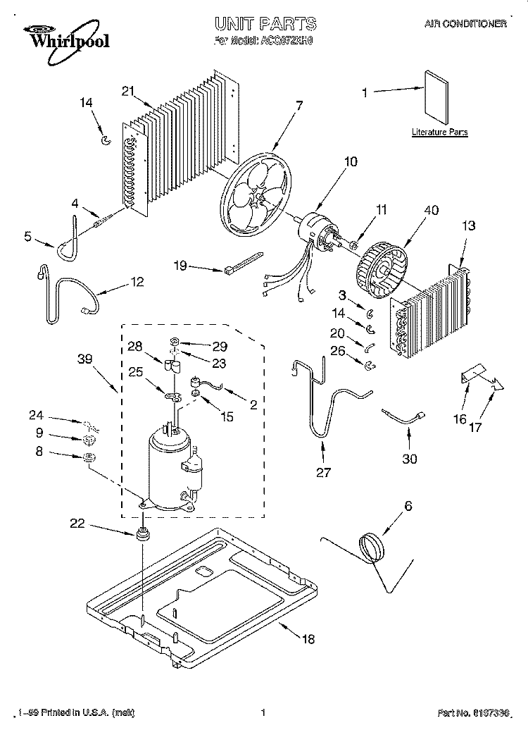 UNIT, LITERATURE Diagram and Parts List for ACQ072XH0  Whirlpool Air Conditioner