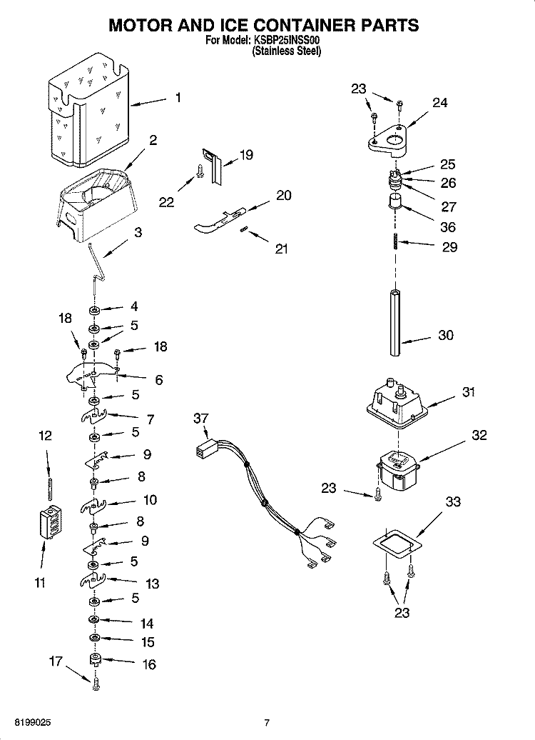 MOTOR AND ICE CONTAINER PARTS Diagram and Parts List for KSBP25INSS00  KitchenAid Refrigerator
