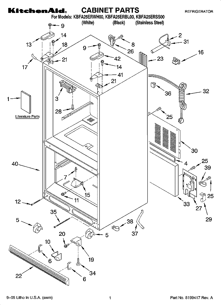 CABINET PARTS Diagram and Parts List for KBFA25ERBL00  KitchenAid Refrigerator