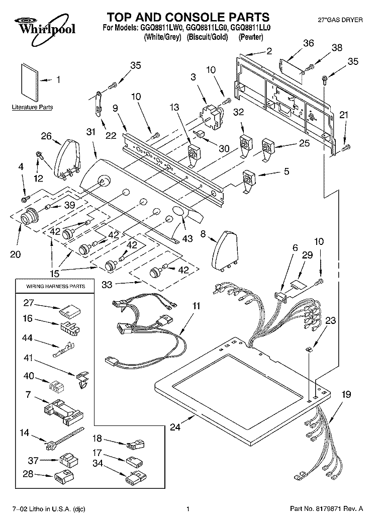 TOP AND CONSOLE, LITERATURE Diagram and Parts List for GGQ8811LG0  Whirlpool Dryer