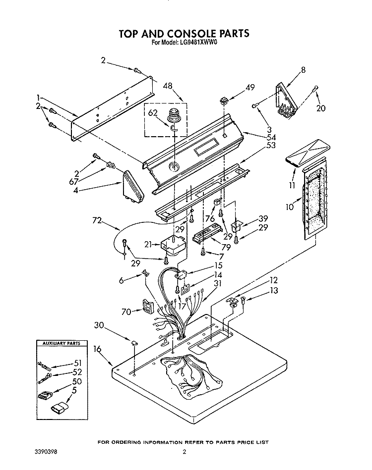TOP AND CONSOLE, LIT/OPTIONAL Diagram and Parts List for LG9481XWW0  Whirlpool Dryer