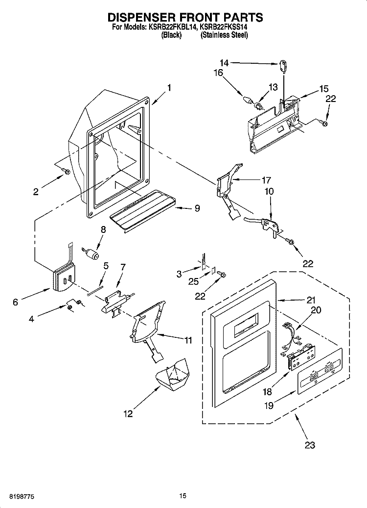 DISPENSER FRONT PARTS Diagram and Parts List for KSRB22FKSS14  KitchenAid Refrigerator