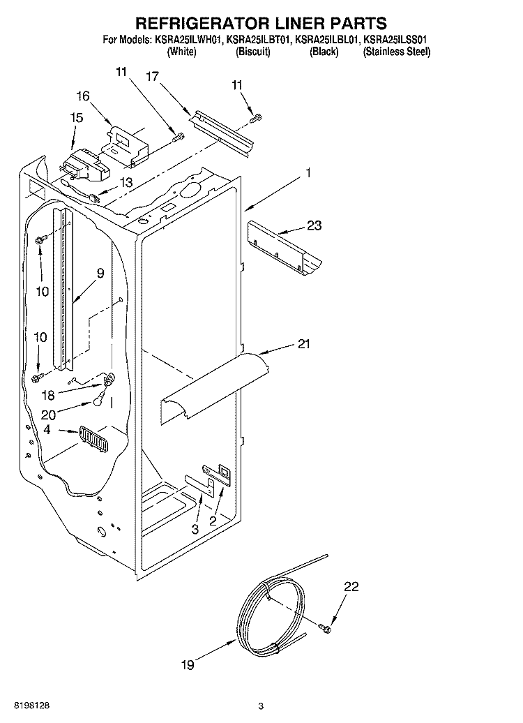 REFRIGERATOR LINER PARTS Diagram and Parts List for KSRA25ILWH01  KitchenAid Refrigerator