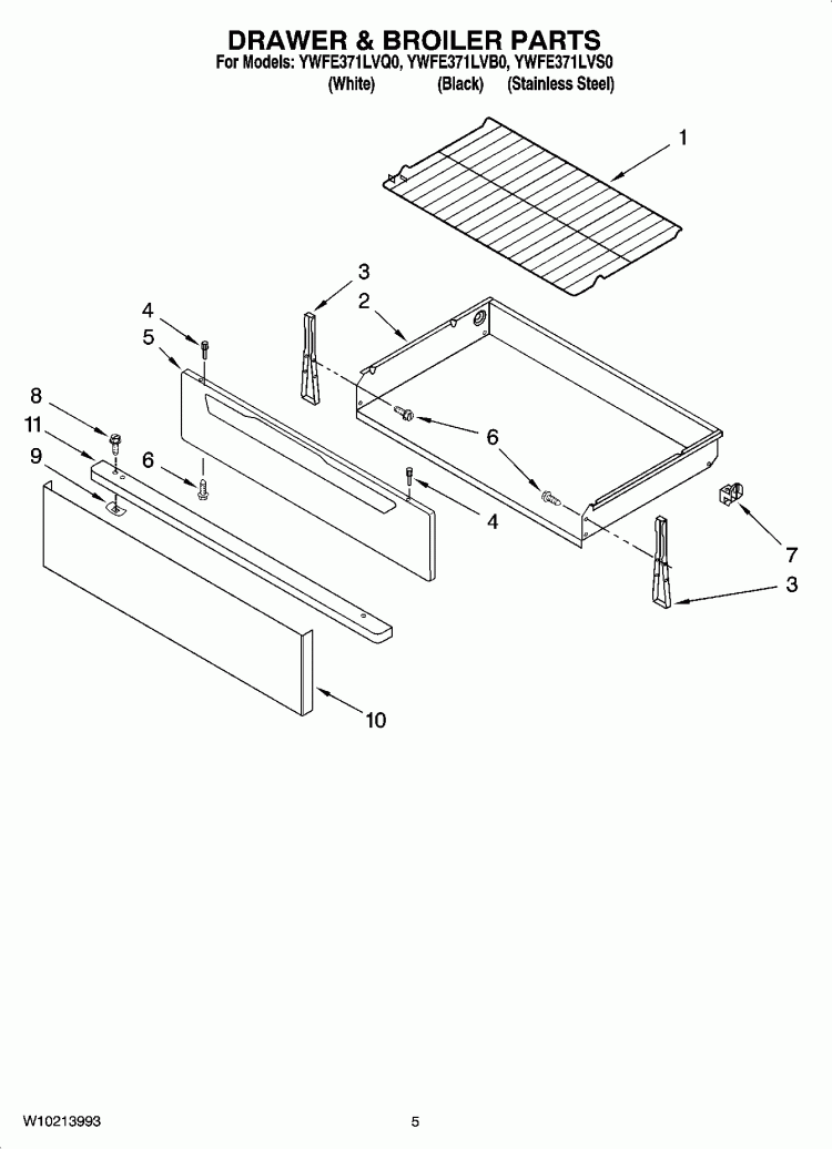 DRAWER & BROILER PARTS Diagram and Parts List for YWFE371LVS0  Whirlpool Range