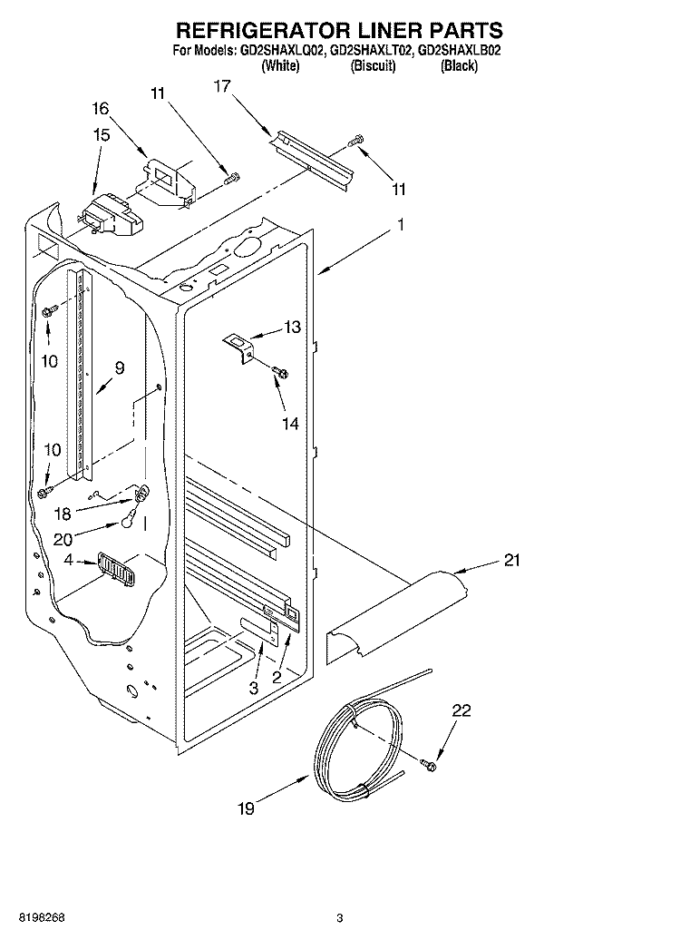 REFRIGERATOR LINER Diagram and Parts List for GD2SHAXLT02  Whirlpool Refrigerator