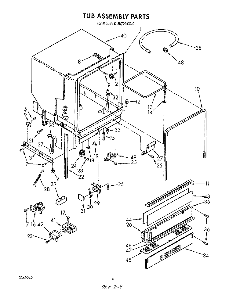 TUB Diagram and Parts List for DU8720XX0  Whirlpool Dishwasher