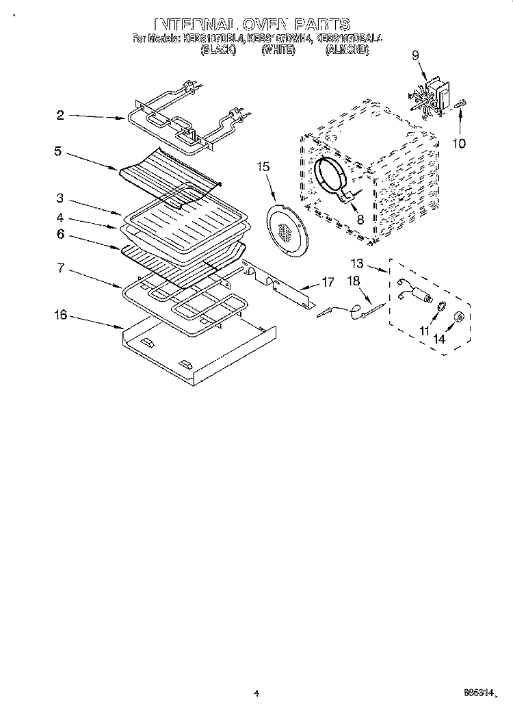INTERNAL OVEN Diagram and Parts List for KEBS107DAL4  KitchenAid Wall Oven