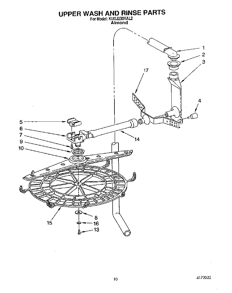 UPPER WASH AND RINSE Diagram and Parts List for KUDJ230YAL2  KitchenAid Dishwasher