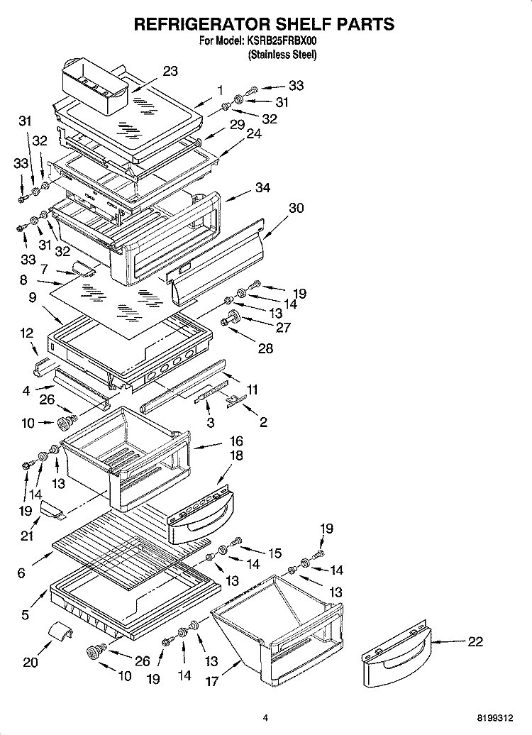 REFRIGERATOR SHELF PARTS Diagram and Parts List for KSRB25FRBX00  KitchenAid Refrigerator