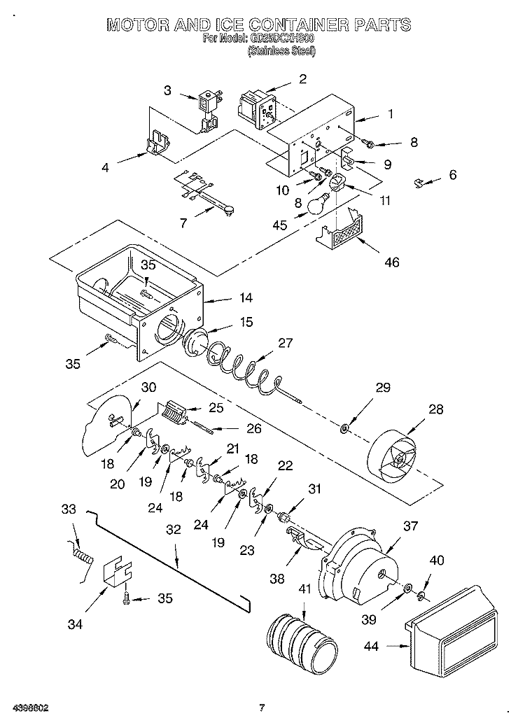 MOTOR AND ICE CONTAINER Diagram and Parts List for GD25DCXHS00  Whirlpool Refrigerator
