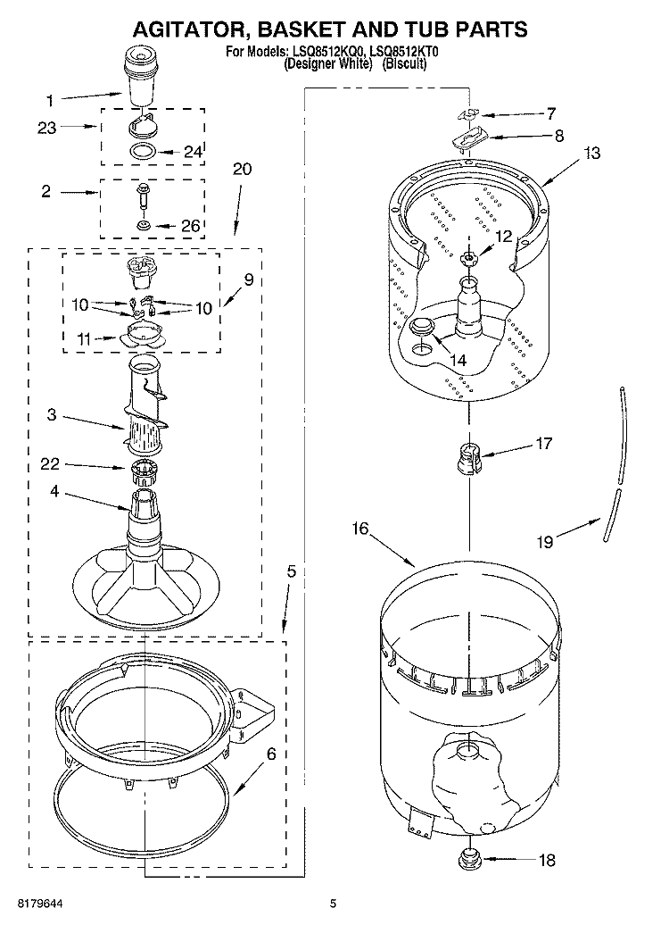 AGITATOR, BASKET AND TUB Diagram and Parts List for LSQ8512KQ0  Whirlpool Washer