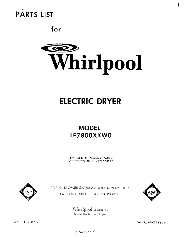 SECTION Diagram and Parts List for 1LE7800XKW0  Whirlpool Dryer