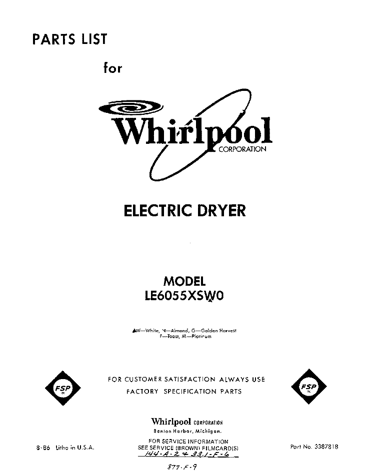 SECTION Diagram and Parts List for LE6055XSW0  Whirlpool Dryer