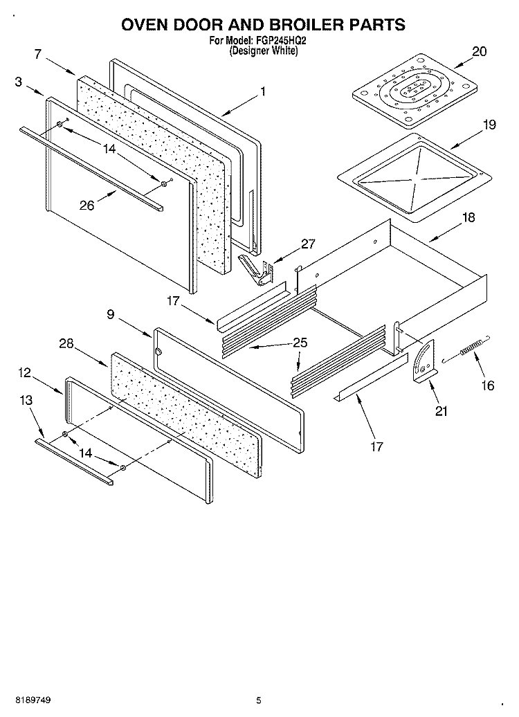 OVEN DOOR AND BROILER Diagram and Parts List for FGP245HQ2  Roper Range