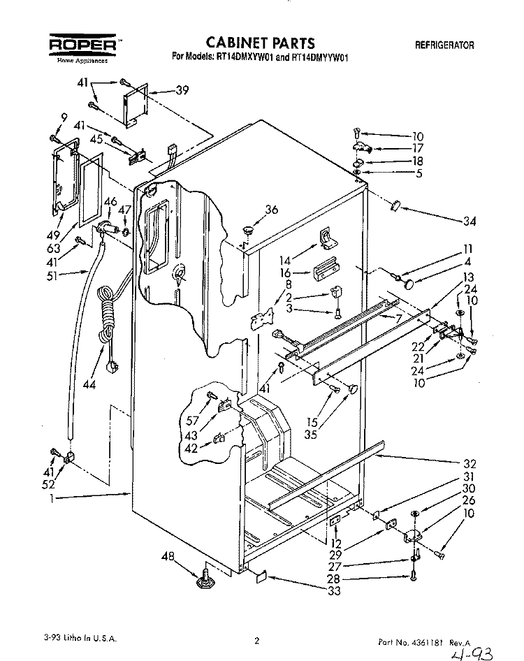CABINET Diagram and Parts List for RT14DMXYW01  Roper Refrigerator