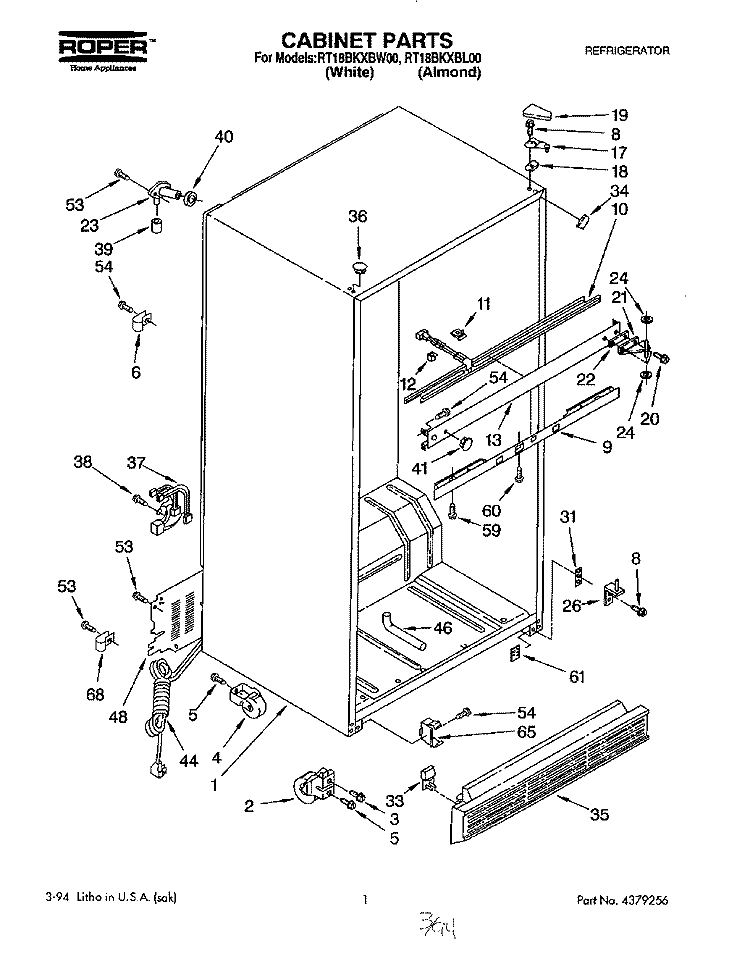CABINET Diagram and Parts List for RT18BKXBW00  Roper Refrigerator