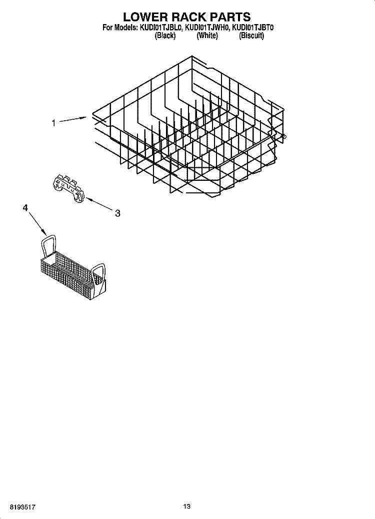 LOWER RACK PARTS Diagram and Parts List for KUDI01TJBL0  KitchenAid Dishwasher