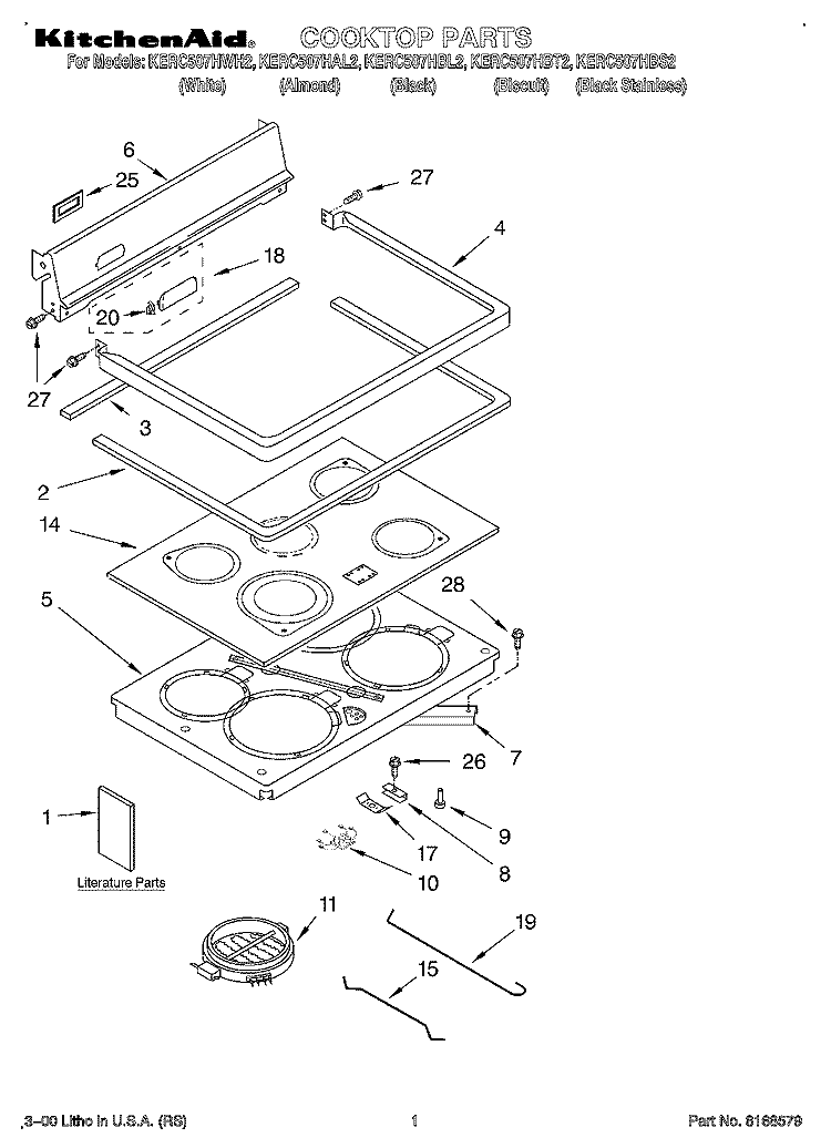 COOKTOP, LITERATURE Diagram and Parts List for KERC507HWH2  KitchenAid Range