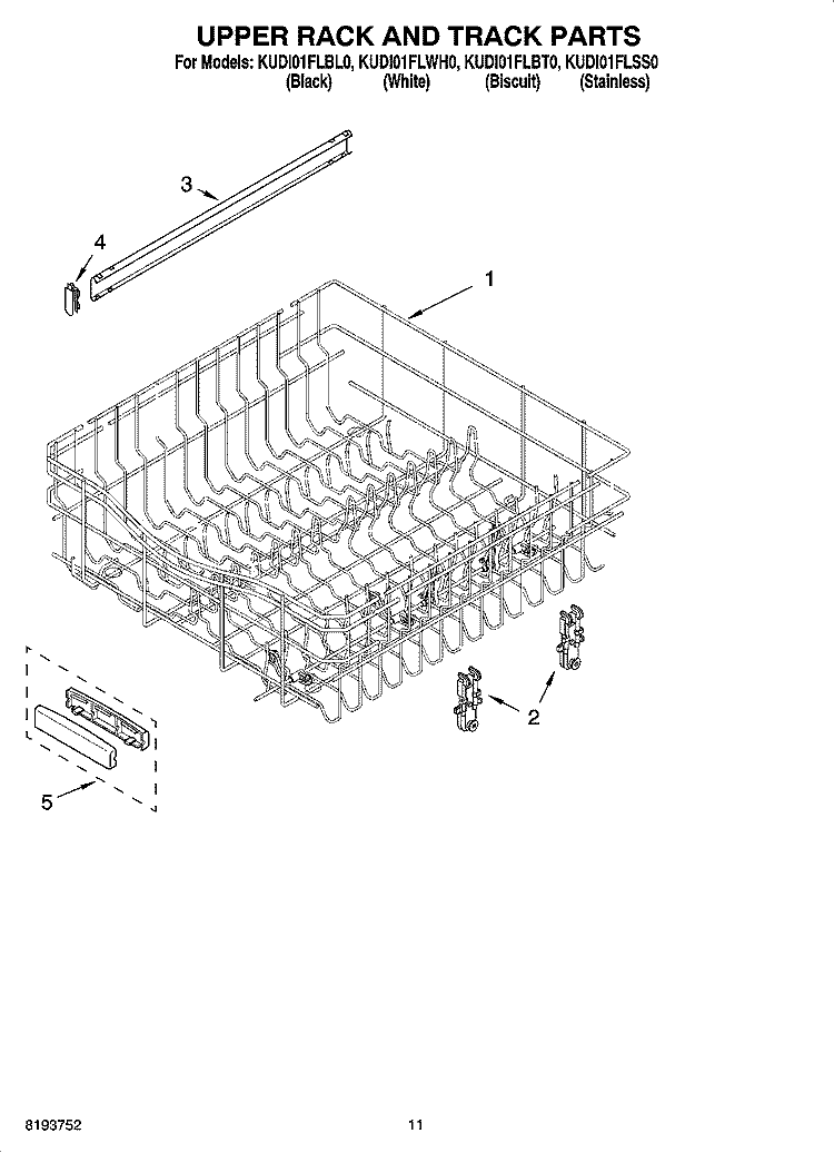 UPPER RACK AND TRACK PARTS Diagram and Parts List for KUDI01FLBL0  KitchenAid Dishwasher