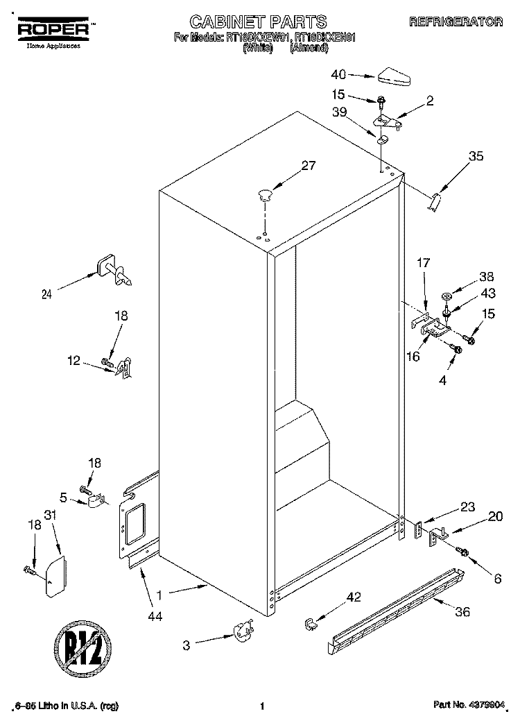 CABINET Diagram and Parts List for RT18DKXEW01  Roper Refrigerator