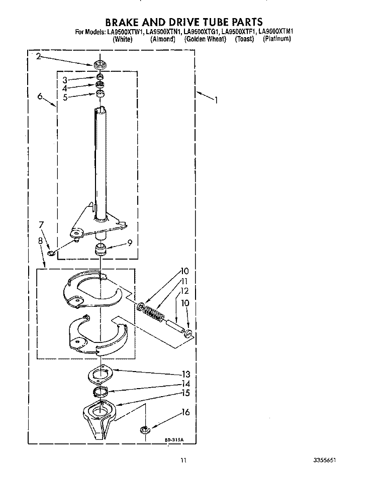 BRAKE AND DRIVE TUBE Diagram and Parts List for LA9500XTG1  Whirlpool Washer