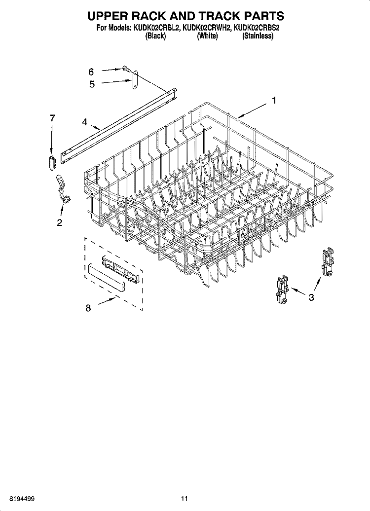 UPPER RACK AND TRACK PARTS Diagram and Parts List for KUDK02CRBL2  KitchenAid Dishwasher