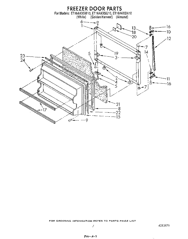 FREEZER DOOR Diagram and Parts List for ET16AKXSW10  Whirlpool Refrigerator