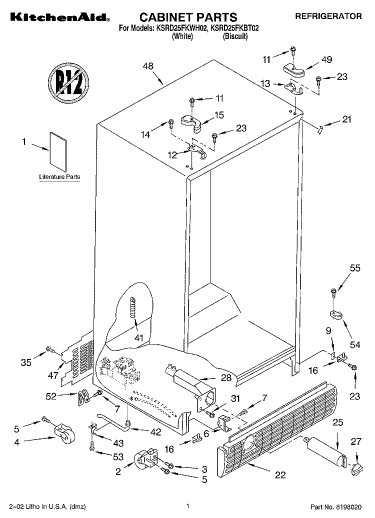 CABINET, LITERATURE Diagram and Parts List for KSRD25FKBT02  KitchenAid Refrigerator