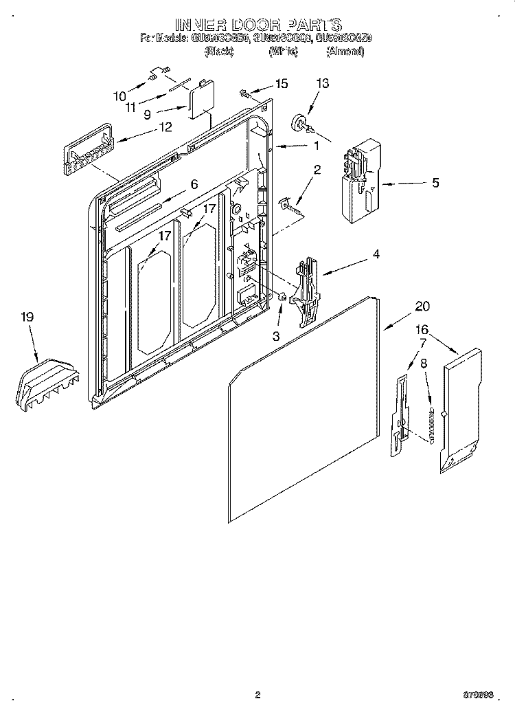INNER DOOR Diagram and Parts List for GU980SCGZ0  Whirlpool Dishwasher