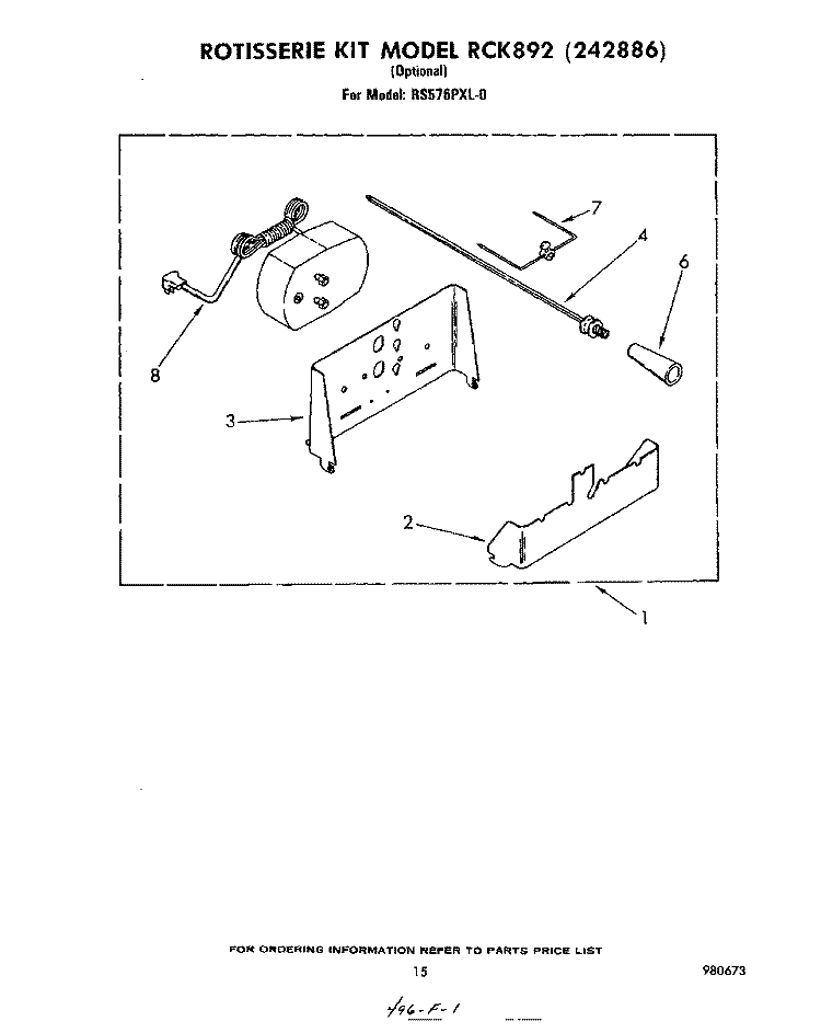 ROTISSERIE KIT RCK 892 (242886) Diagram and Parts List for RS576PXL0  Whirlpool Range