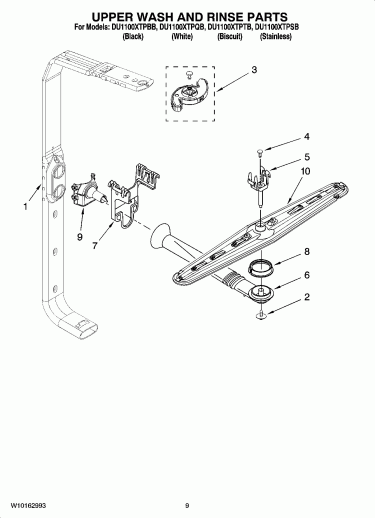 UPPER WASH AND RINSE PARTS Diagram and Parts List for DU1100XTPBB  Whirlpool Dishwasher