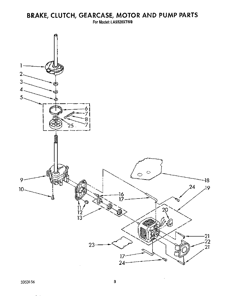 BRAKE, CLUTCH, GEARCASE, MOTOR AND PUMP Diagram and Parts List for LA9320XTW0  Whirlpool Washer