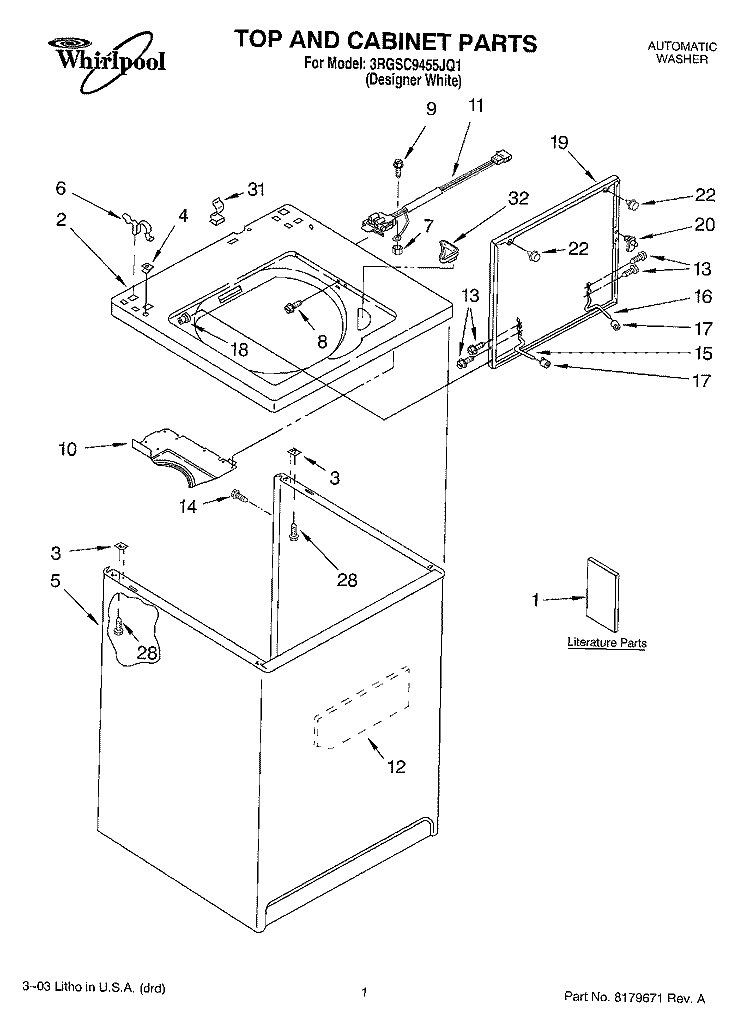 TOP AND CABINET PARTS Diagram and Parts List for 3RGSC9455JQ1  Whirlpool Washer
