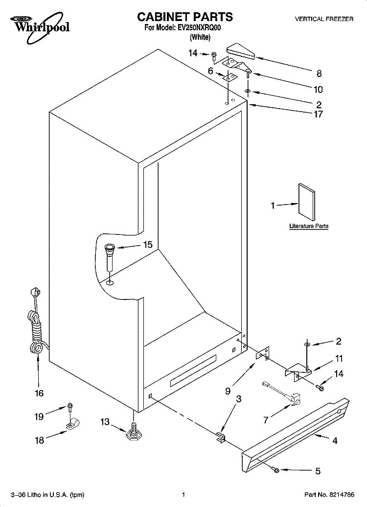 CABINET PARTS Diagram and Parts List for EV250NXRQ00  Whirlpool Freezer