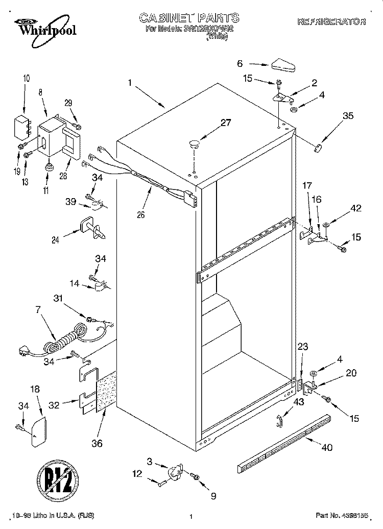 CABINET Diagram and Parts List for 3VET20DKFW02  Whirlpool Refrigerator