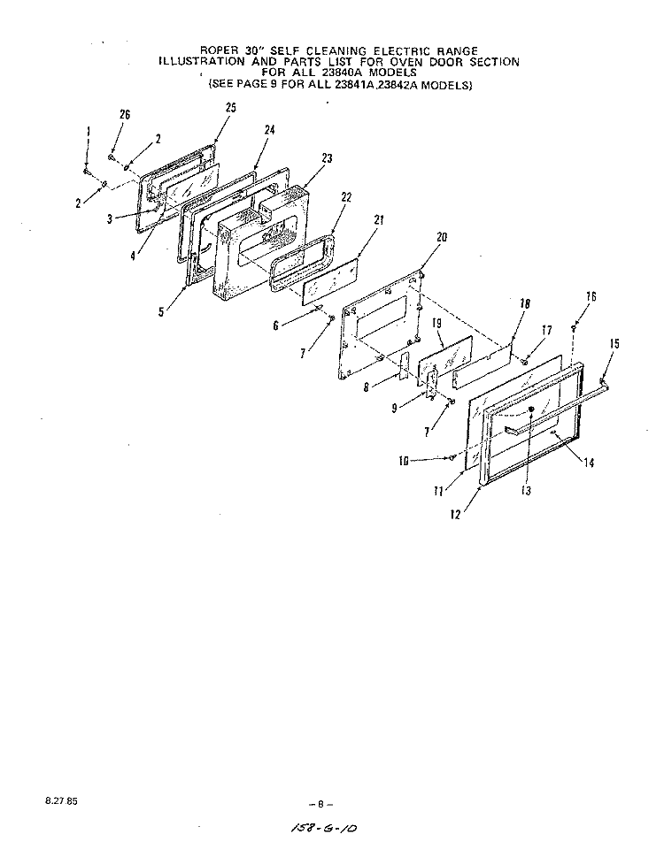 OVEN DOOR Diagram and Parts List for 2384W1A  Roper Range