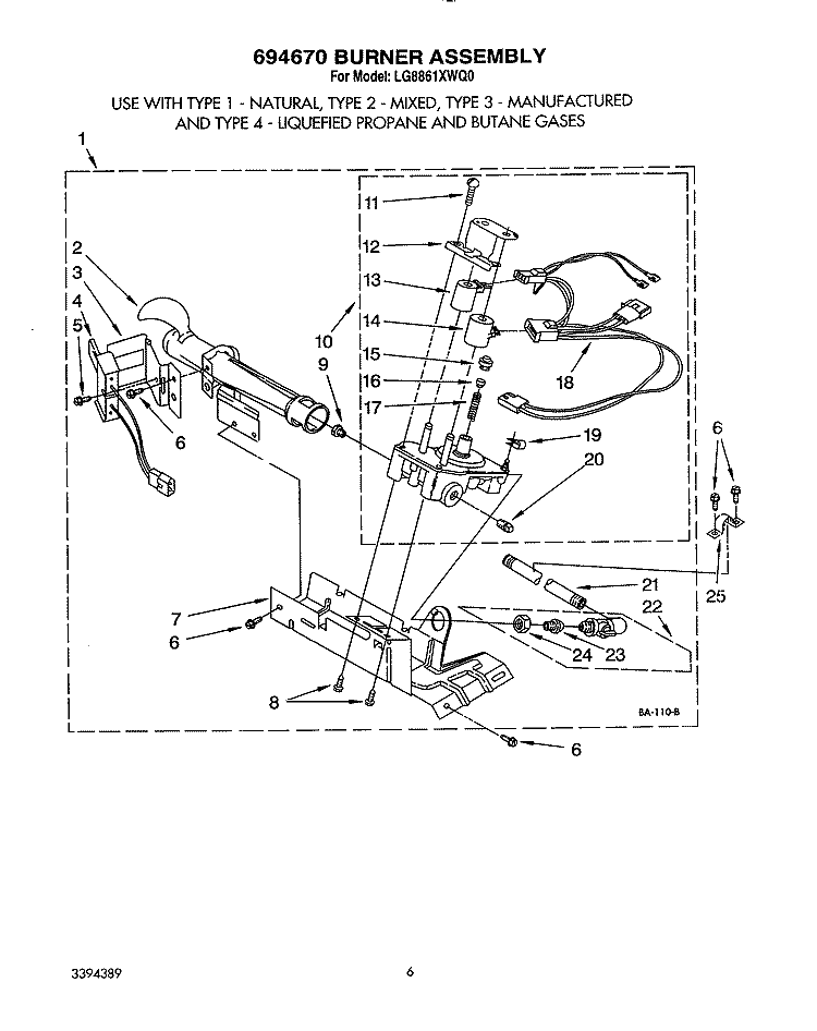 BURNER ASSEMBLY Diagram and Parts List for LG8861XWQ0  Whirlpool Dryer