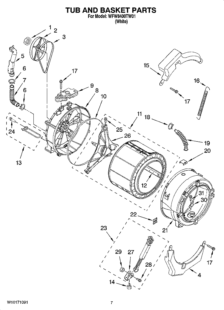 TUB AND BASKET PARTS, OPTIONAL PARTS (NOT INCLUDED) Diagram and Parts List for WFW8400TW01  Whirlpool Washer