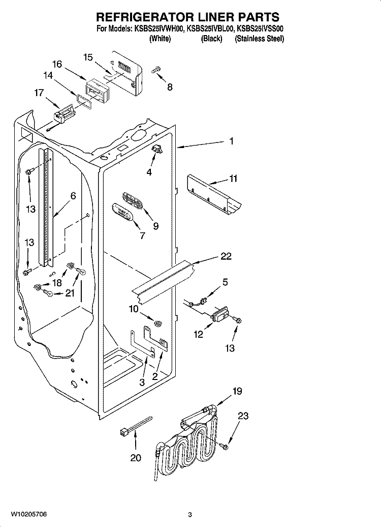 REFRIGERATOR LINER PARTS Diagram and Parts List for KSBS25IVSS00  KitchenAid Refrigerator