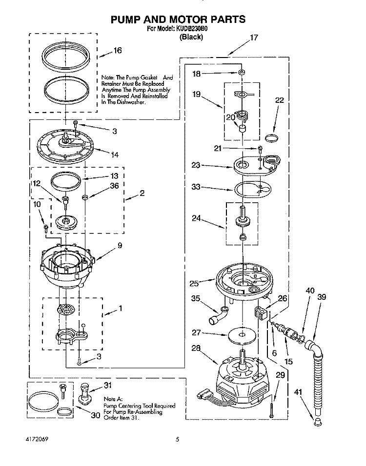 PUMP AND MOTOR Diagram and Parts List for KUDB230B0  KitchenAid Dishwasher