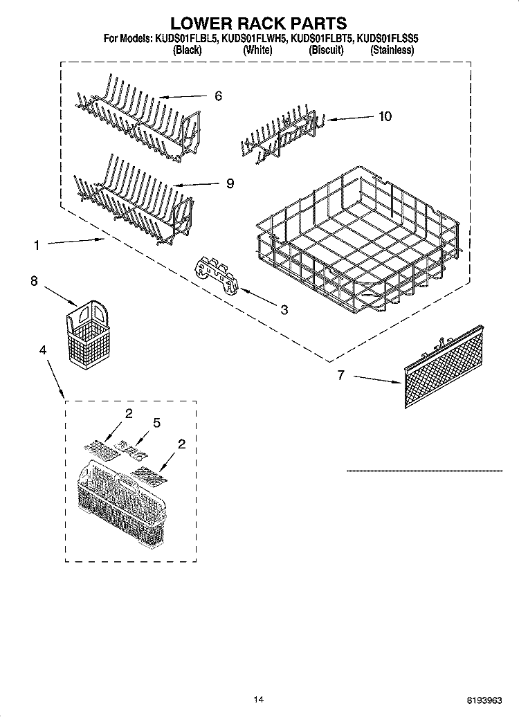LOWER RACK PARTS, OPTIONAL PARTS (NOT INCLUDED) Diagram and Parts List for KUDS01FLSS5  KitchenAid Dishwasher