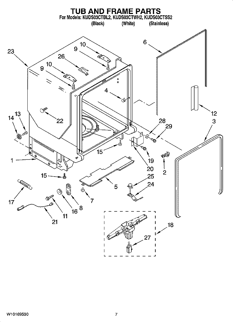 TUB AND FRAME PARTS Diagram and Parts List for KUDS03CTWH2  KitchenAid Dishwasher